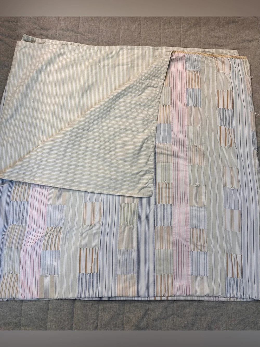 VTG Tommy Hilfiger Patchwork Tie Quilt Coverlet 88x86” Cotton Pastels Stripes